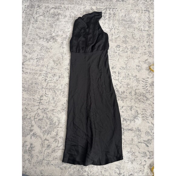 Lulus Distinctive Charm Black Satin Asymmetrical Midi Dress Size Medium Formal - Picture 3 of 9